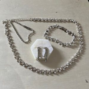 Silver Necklace, bracelet and earrings with white jewels and white pearls bundle